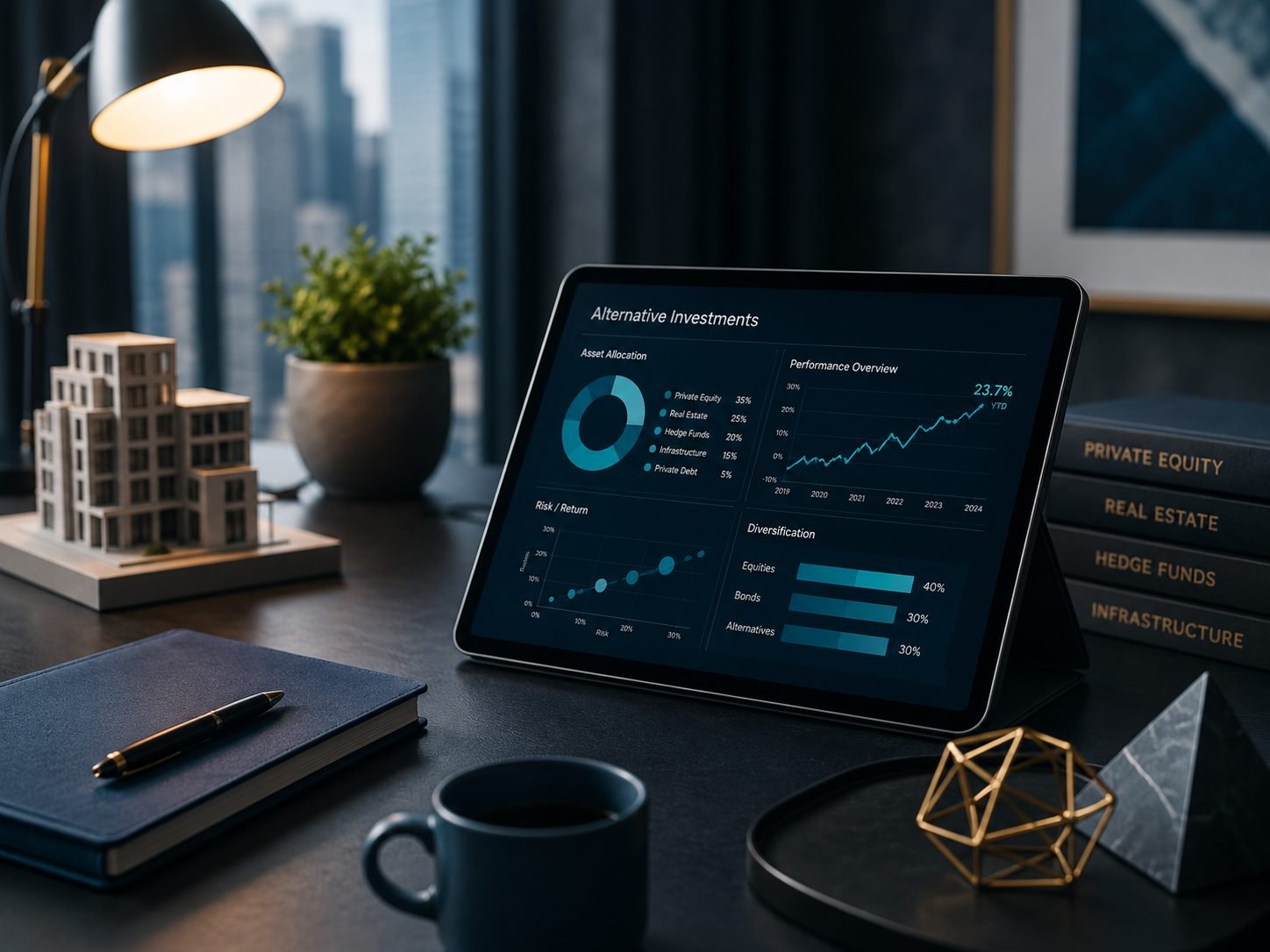 A tablet displaying an alternative investments dashboard with asset allocation and risk/return charts