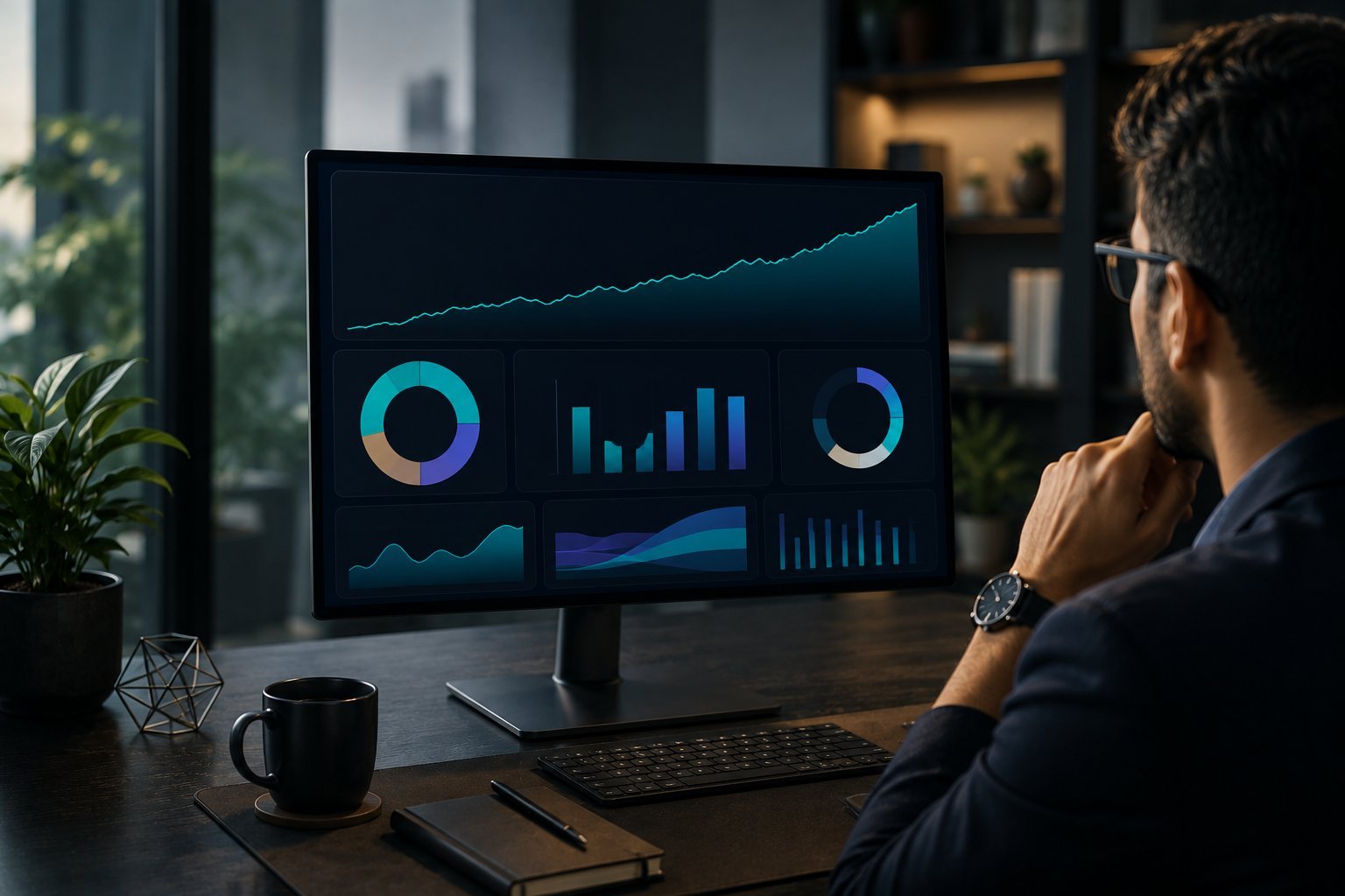 An investor reviewing a portfolio performance dashboard on a desktop monitor