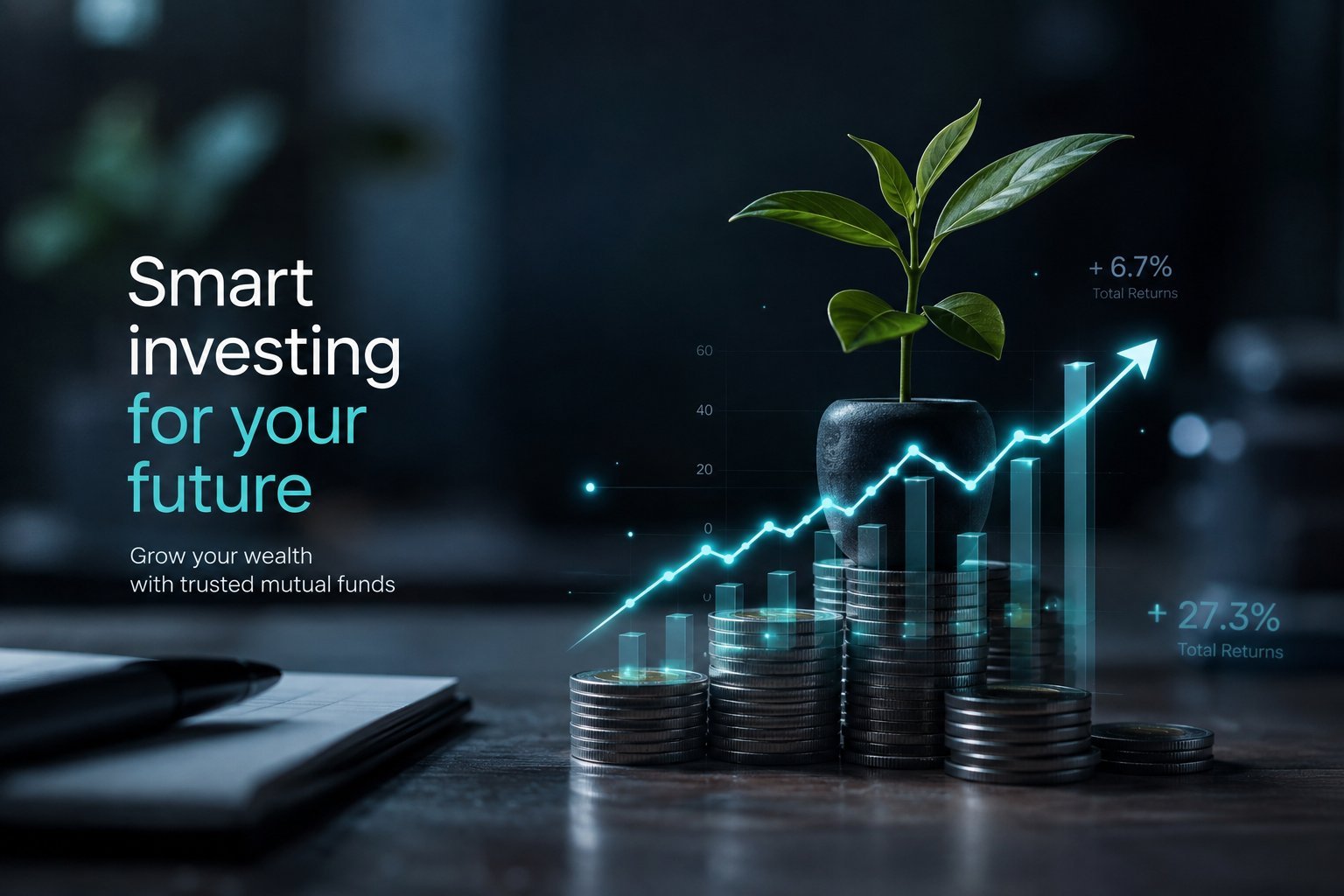 A growing plant on stacked coins beside an upward investment growth chart, symbolising smart investing for the future