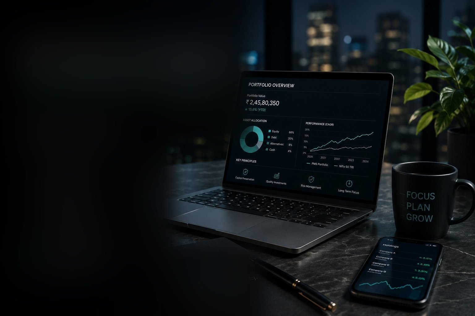 A laptop portfolio overview with asset allocation and performance charts